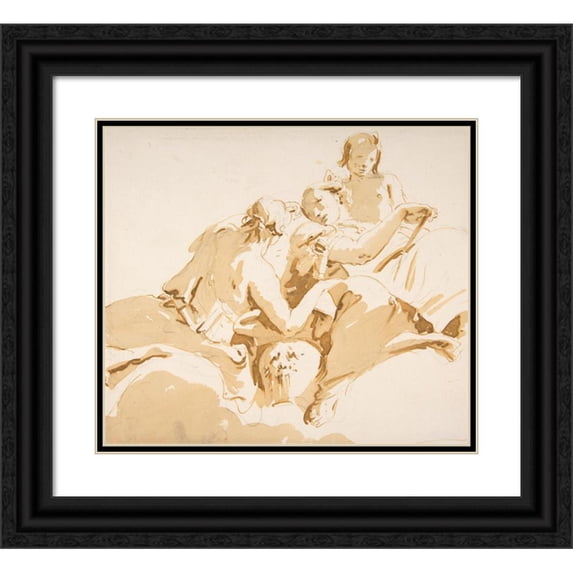 Giovanni Battista Tiepolo 14x12 Black Ornate Wood Framed Double Matted Museum Art Print Titled: Two Seated Women and a Boy on Clouds (1696-1770)