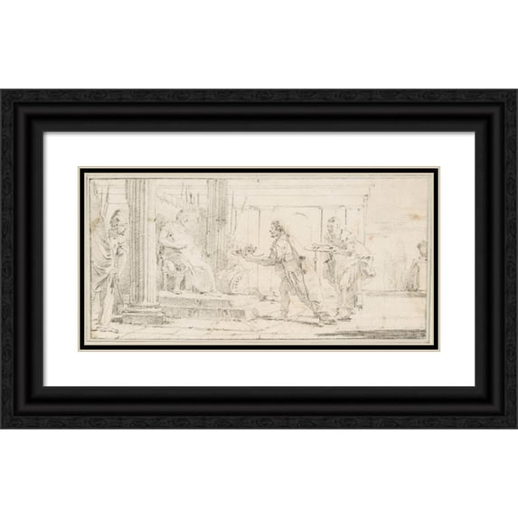 Giovanni Battista Tiepolo 14x9 Black Ornate Wood Framed Double Matted Museum Art Print Titled: Soldiers Offering the Decapitated Head of a Man and Keys to a General (1696-1770)