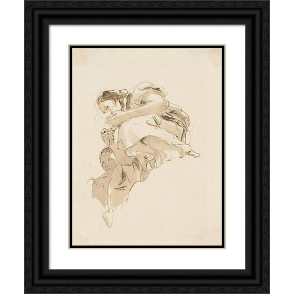 Giovanni Battista Tiepolo 15x18 Black Ornate Wood Framed Double Matted Museum Art Print Titled - Crouching Woman with a Boy Behind Her (ca. 1742-57)