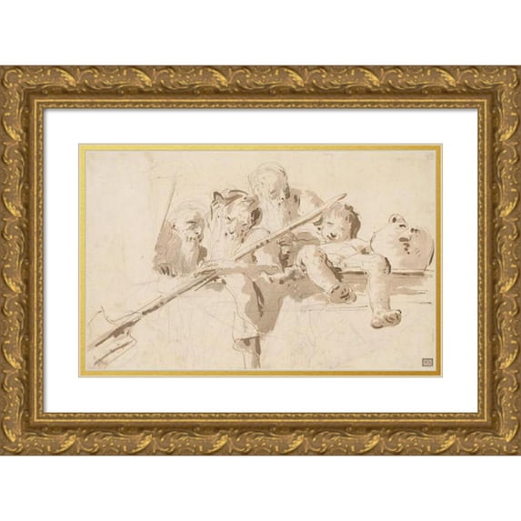 Giovanni Battista Tiepolo 18x13 Gold Ornate Wood Frame and Double Matted Museum Art Print Titled - A River God and Other Figures on a Parapet (ca. 1740)
