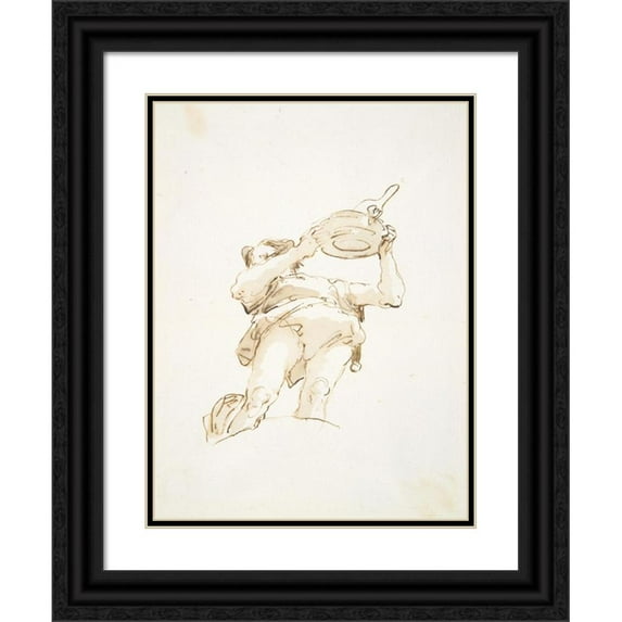 Giovanni Battista Tiepolo 19x24 Black Ornate Framed Double Matted Museum Art Print Titled: Male Figure Carrying a Tray with Fowl, Seen From Below (ca. 1740-50)