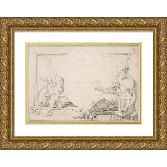 Giovanni Battista Tiepolo 24x18 Gold Ornate Framed and Double Matted Museum Art Print Titled - Illustration for a Book; Frontispiece with a Female Allegorical Figure and a Putto (1696-1770)