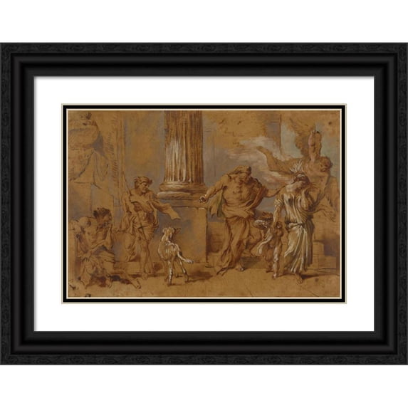 Giovanni Benedetto Castiglione 14x11 Black Ornate Wood Framed Double Matted Museum Art Print Titled: The Expulsion of Hagar (Late 1640s)