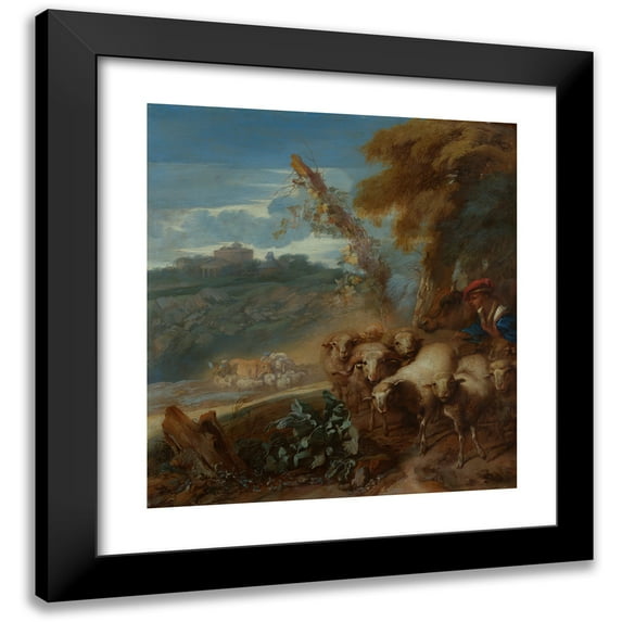 Giovanni Benedetto Castiglione 15x16 Black Modern Framed Museum Art Print Titled - Roman Landscape with a Shepherd and Sheep (Late 1640S)