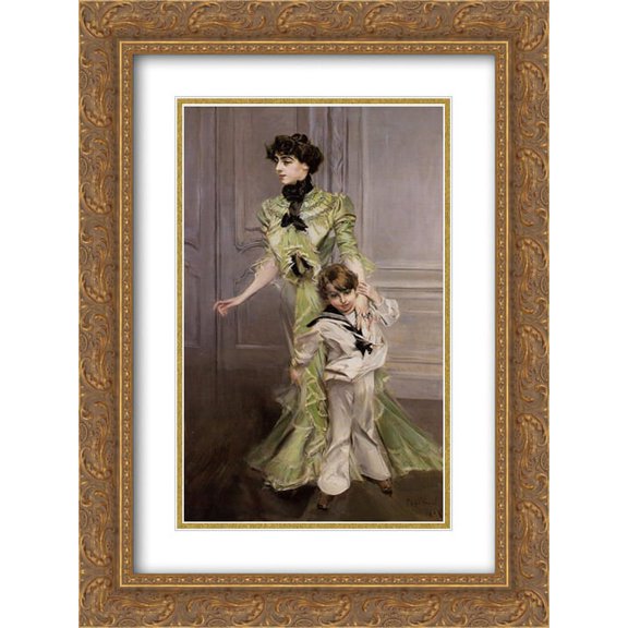 Giovanni Boldini 2x Matted 18x24 Gold Ornate Framed Art Print 'Portrait of Madame Georges Hugo (nee Pauleen Menard'Dozian) and Her Son, Jean'
