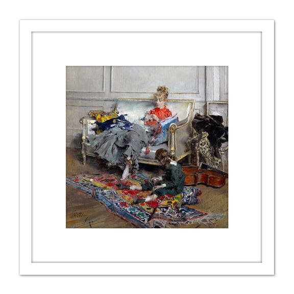Giovanni Boldini Young Woman Crocheting 1875 Painting 8X8 Inch Square Wooden Framed Wall Art Print Picture with Mount
