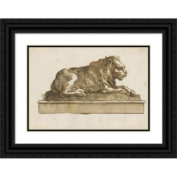 Giovanni Domenico Tiepolo 14x11 Black Ornate Wood Framed Double Matted Museum Art Print Titled: A Lion, Lying Toward the Right (On a Base) (Mid-18th-Early 19th Century)