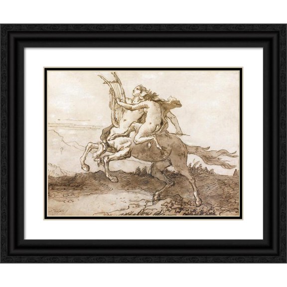 Giovanni Domenico Tiepolo 18x15 Black Ornate Wood Framed Double Matted Museum Art Print Titled - A Centaur Holding a Lyre, Galloping with a Female Faun