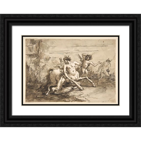 Giovanni Domenico Tiepolo 24x18 Black Ornate Framed Double Matted Museum Art Print Titled: Centaur with a Club, and Two Satyrs (1727-1804)