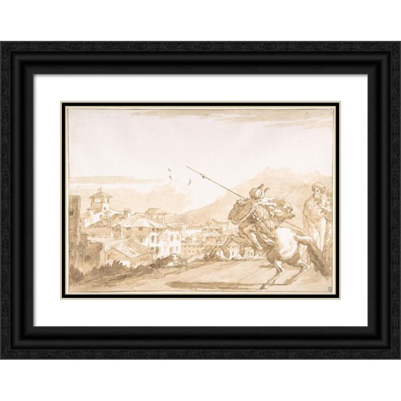 Giovanni Domenico Tiepolo 24x18 Black Ornate Framed Double Matted Museum Art Print Titled: Turkish Lancer and Onlookers Approaching a Town (1760-70)