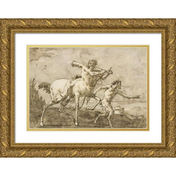 Giovanni Domenico Tiepolo 24x18 Gold Ornate Framed and Double Matted Museum Art Print Titled - Satyr Leading a Centaur, Who Carries a Club, Bow and Quiver, Outside the Walls of a City (ca. 1