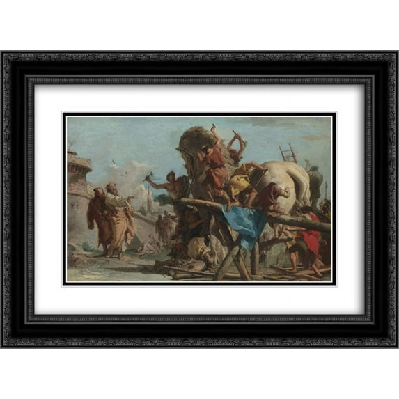 Giovanni Domenico Tiepolo 2x Matted 24x18 Black Ornate Framed Art Print 'Building of the Troyan Horse'
