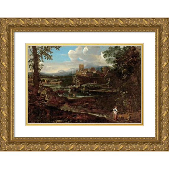 Giovanni Francesco Grimaldi 14x11 Gold Ornate Wood Frame and Double Matted Museum Art Print Titled - Classical Landscape (circa 1650)