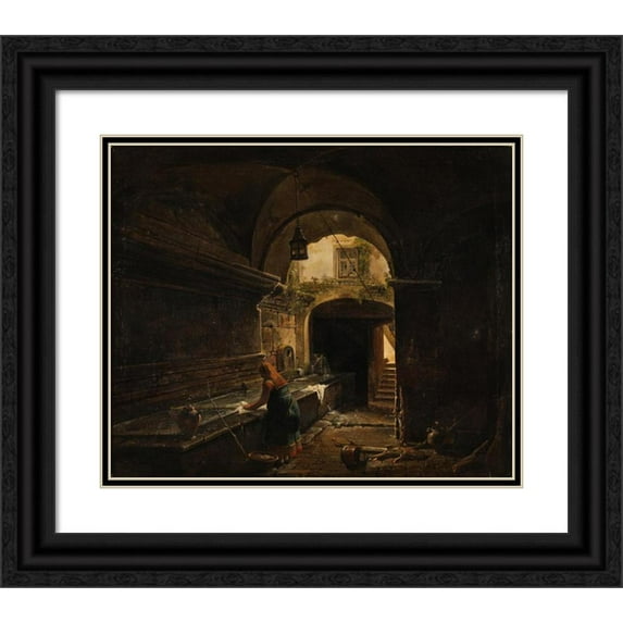 Giovanni Lazzarini 17x15 Black Ornate Wood Framed Double Matted Museum Art Print Titled - The Roman Aqueduecct Aqua Vergine in the Courtyard of No. 12 Via Del Nazareno (1823)