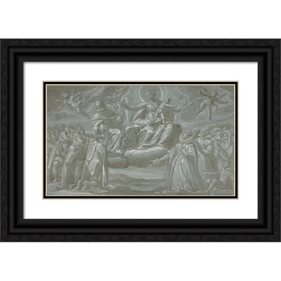 Giovanni Mauro della Rovere 24x16 Black Ornate Framed Double Matted Museum Art Print Titled: The Virgin and Child, Saint Dominic, and Angels Distributing Chaplets to the Faithful (
