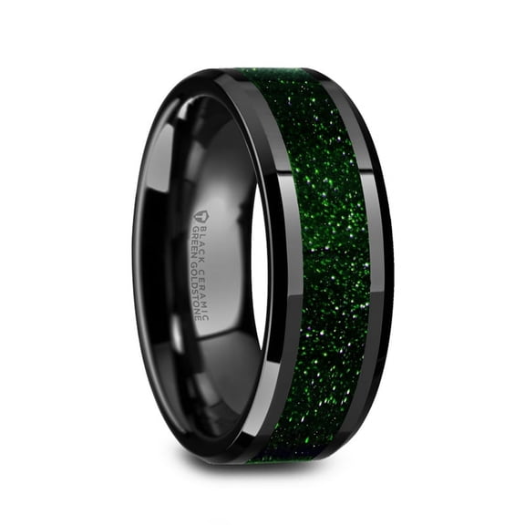 Giovanni Mens Polished Finish Black Ceramic Beveled Wedding Band With Green Goldstone Inlay