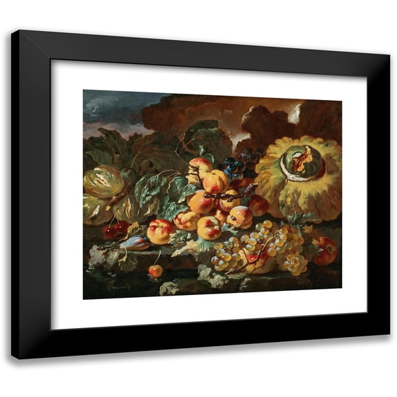 Giovanni Paolo Castelli 14x12 Black Modern Framed Museum Art Print Titled - Peaches, Apples, Plums and Cherries by a Pumpkin, on a Stone Ledge