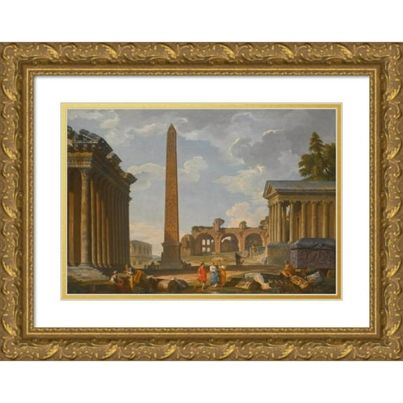 Giovanni Paolo Panini 18x14 Gold Ornate Wood Frame and Double Matted Museum Art Print Titled - A Capriccio View of Rome with Ancient Ruins and the Flaminian Obelisk (1736)