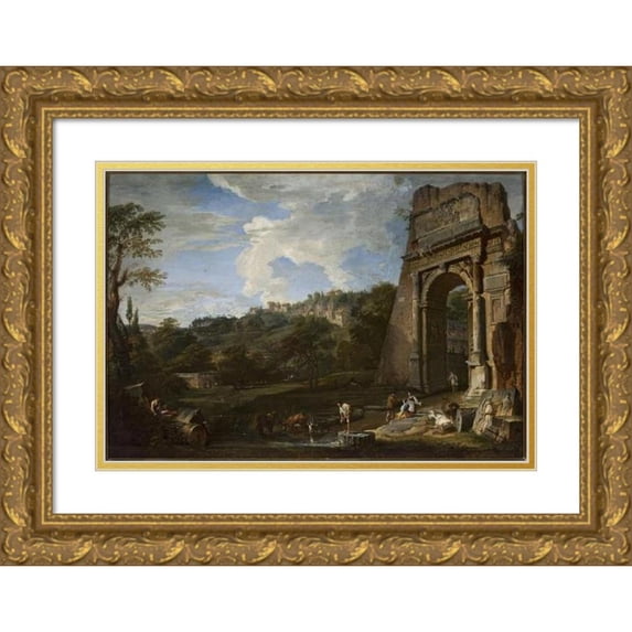 Giovanni Paolo Pannini 14x11 Gold Ornate Wood Frame and Double Matted Museum Art Print Titled - Landscape with the Arch of Titus