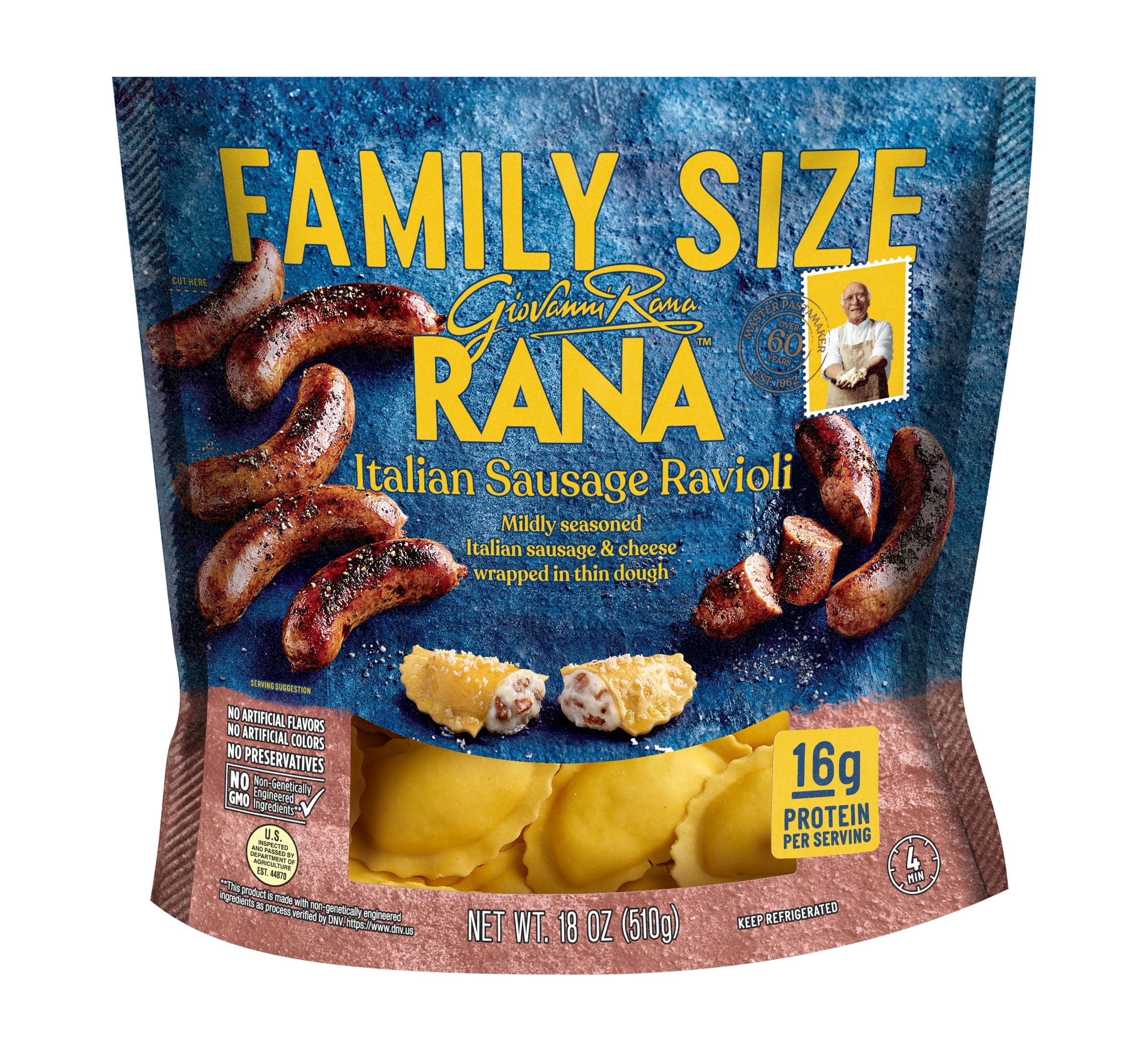 Giovanni Rana Homestyle Ravioli Italian Sausage Premium Filled Italian Pasta Bag (Family Size, 18oz), Refrigerated