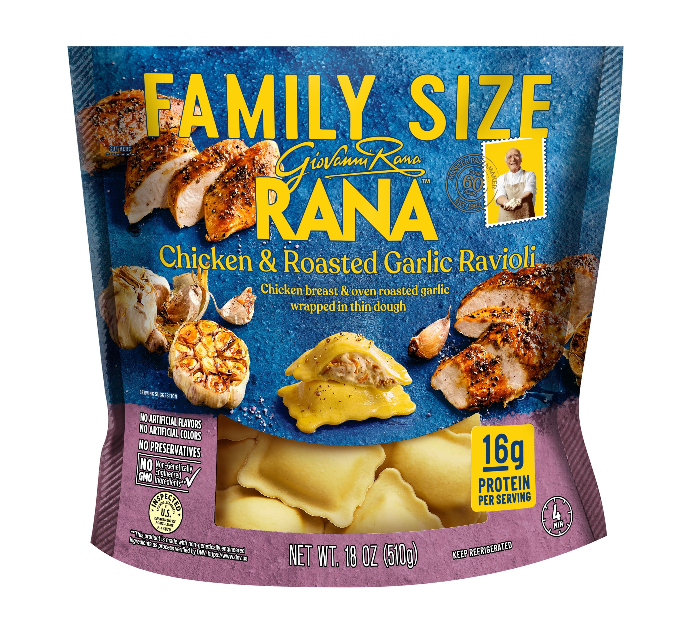 Giovanni Rana Ravioli Chicken Roasted Garlic Filled Italian Pasta Bag (Family Size, 18oz, Fresh), Refrigerated
