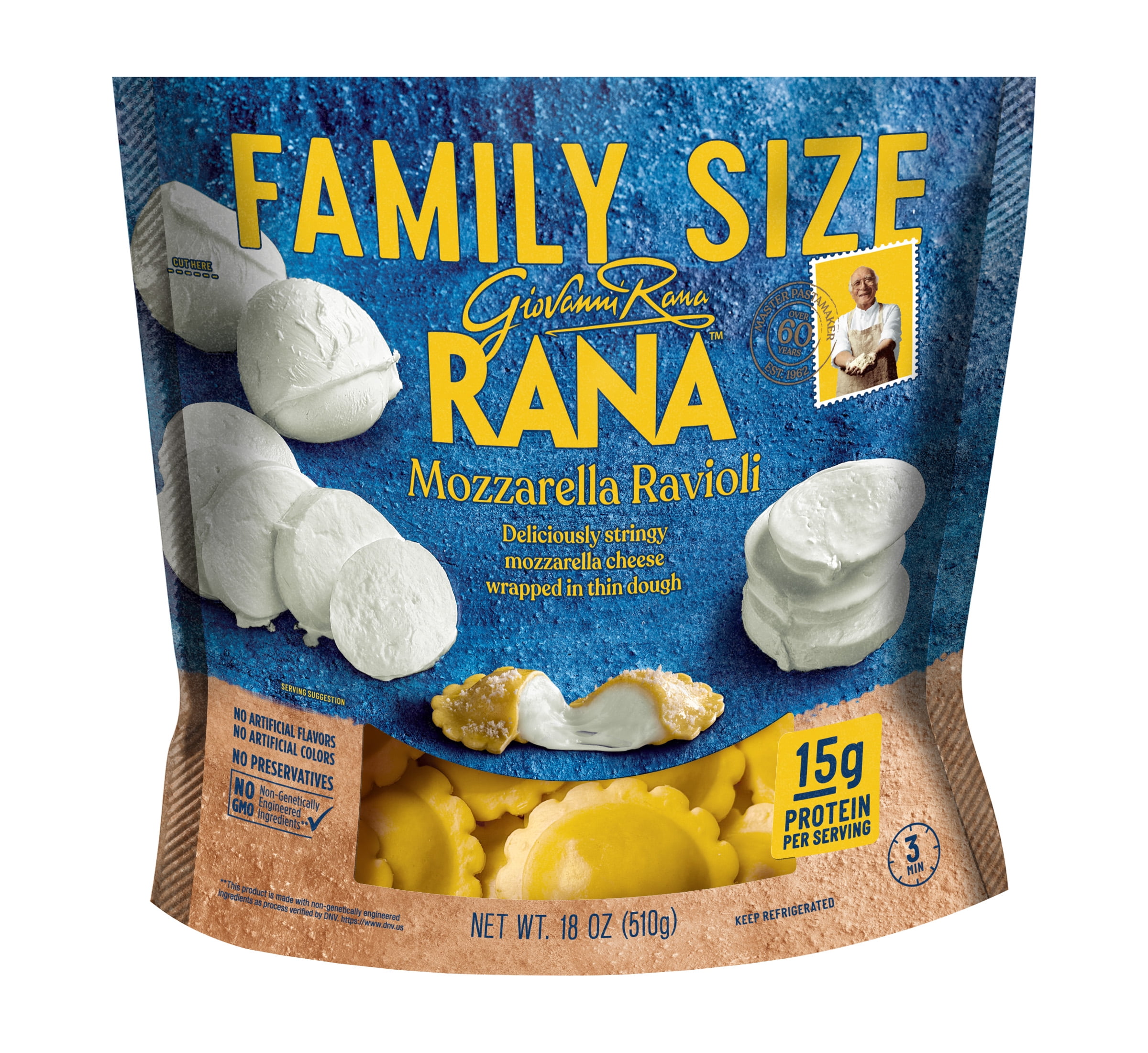 Giovanni Rana Ravioli Mozzarella Cheese Filled Italian Pasta Bag (Family Size, 18oz, Fresh), Refrigerated