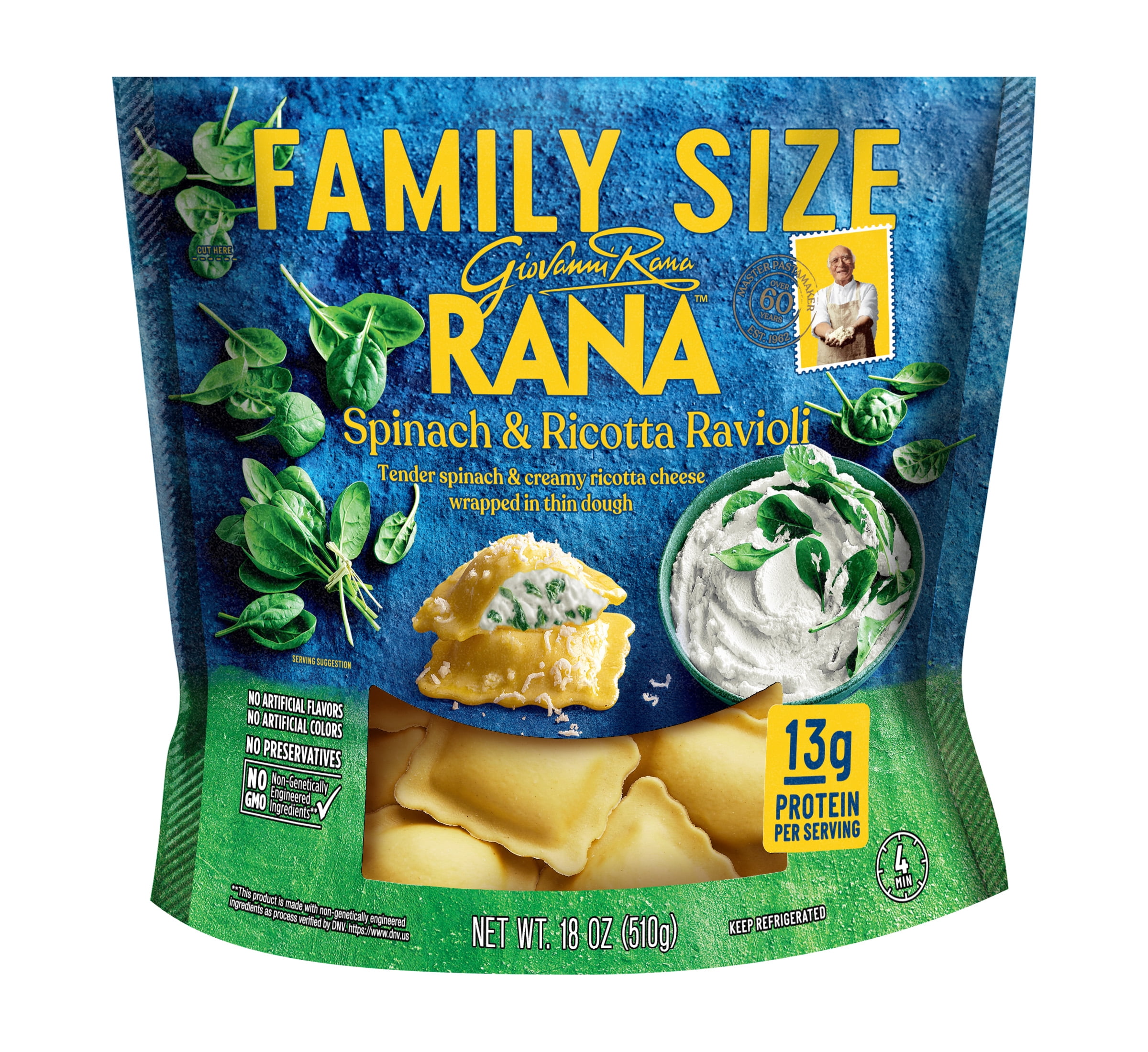 Giovanni Rana Ravioli Spinach Ricotta Premium Filled Pasta Bag (Family Size, 18oz), Refrigerated