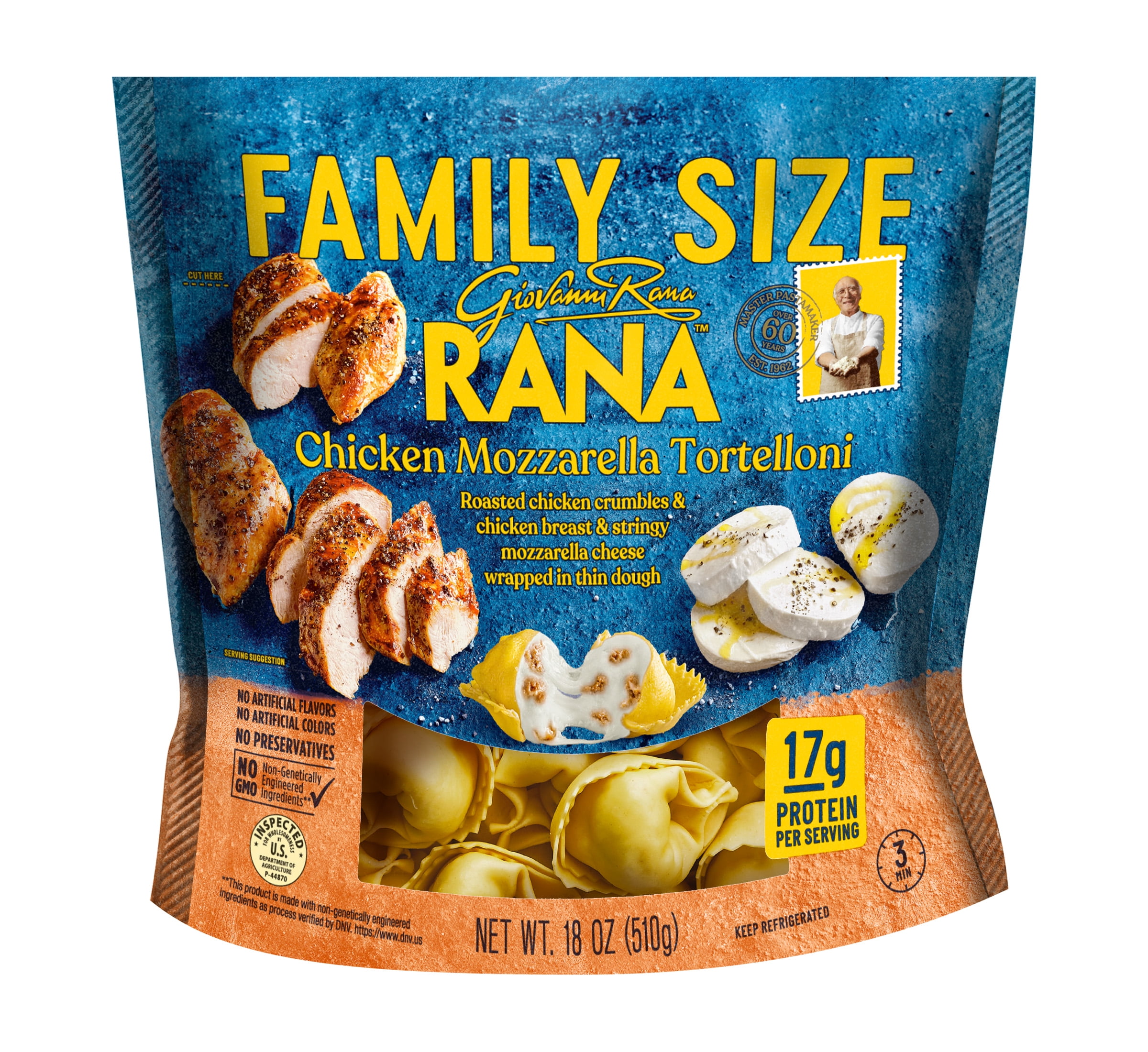 Giovanni Rana Tortelloni Chicken Mozzarella Cheese Filled Pasta Bag (Family Size, 19oz, Fresh), Refrigerated