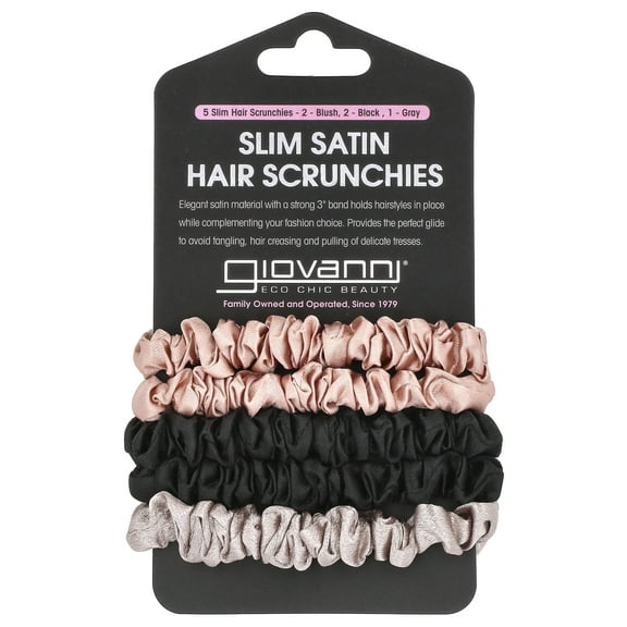 Giovanni Slim Satin Hair Scrunchies, Blush, Black, Gray,  5 Scrunchies