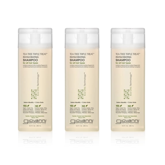 Giovanni Tea Tree Triple Treat Iinvigorating Shampoo, 8.5 oz. Cooling Peppermint, Conditioning Rosemary, Clarifying Eucalyuptus, Sulfate Free, No Parabens (Pack of 3)