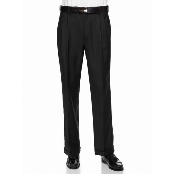 Giovanni Uomo Mens Pleated Front Adjustable Waist Dress Pants Black - Cuffed 34W x 26L