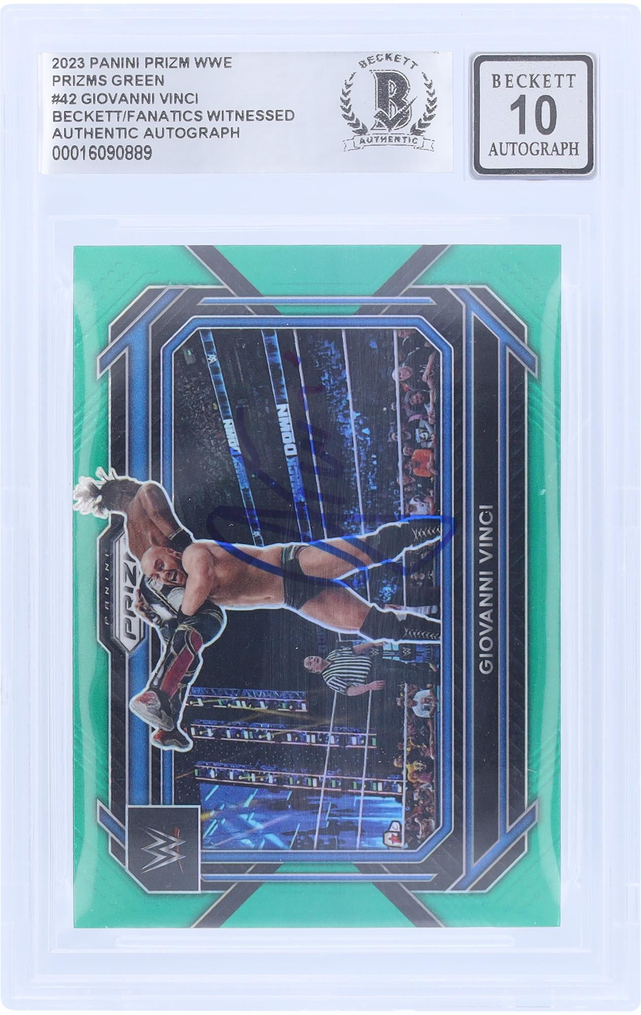 Giovanni Vinci WWE Autographed 2023 Panini Prizm Green Prizm #42 Beckett Fanatics Witnessed Authenticated 10 Card - Fanatics Authentic Certified