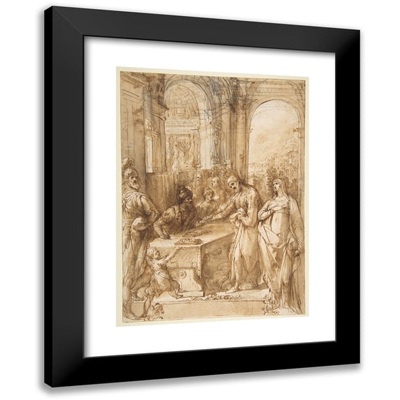 Giovanni de' Vecchi 11x14 Black Modern Framed Museum Art Print Titled - Esther and Mordecai Before King Ahasuerus (Esther 8;1- 12) (1536-1615)