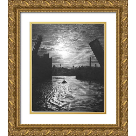 Gipe, Lawernce 26x31 Gold Ornate Wood Framed with Double Matting Museum Art Print Titled - Sunset Bridge