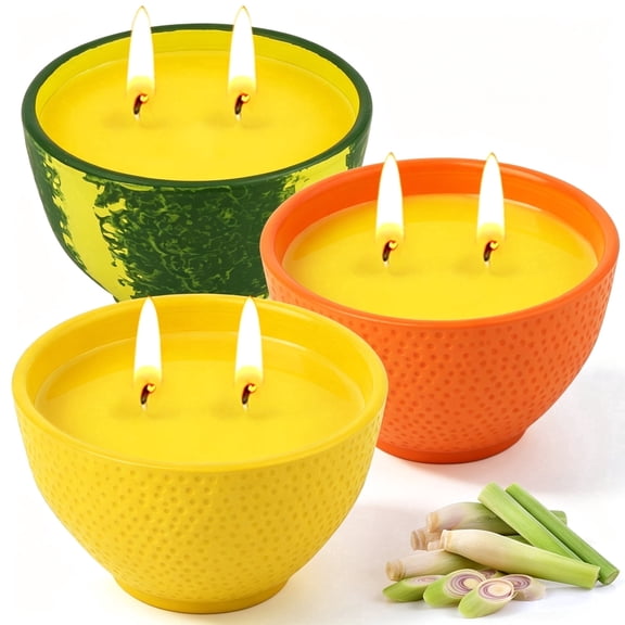 Giphtpoeet Citronella Candles 3 Pack Natural Soy Wax Lemongrass Scented Outdoor Candles 2 Wick Cement Bowl for Patio Garden Deck Camping