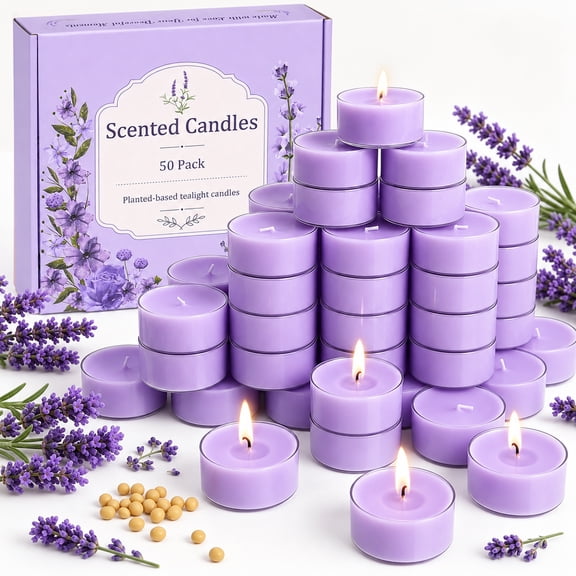 Giphtpoeet Tea Light Candles, 50 Pack Purple Lavender Scented Candles, 4 Hour Burn Time, Christmas Gift Set
