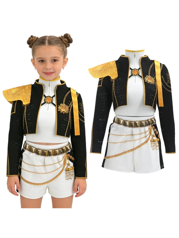 Gir'ls Halloween Cosplay Costumes, 3-Piece Pop Singer Outfit Set for K'id's, Pop Star Costume with Jacket Top & Skirt, Stage Performance Dancewear for Themed Events, Ages 3-12 Years