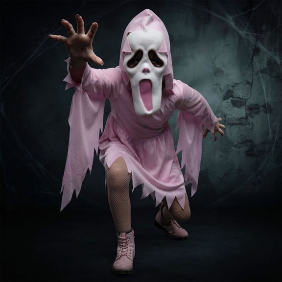 Gir'ls Pink Glitter Creepy Ghost Halloween Costume, Hooded Cosplay Suits with Mask, for Halloween Celebration Ball Role-Play Stage Performance, L