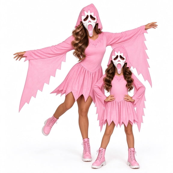 Gir'ls Pink Glitter Creepy Ghost Halloween Costume, Hooded Cosplay Suits with Mask, for Halloween Celebration Ball Role-Play Stage Performance, M