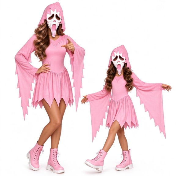 Gir'ls Pink Glitter Creepy Ghost Halloween Costume, Hooded Cosplay Suits with Mask, for Halloween Celebration Ball Role-Play Stage Performance, M