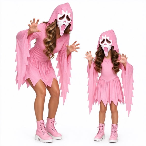 Gir'ls Pink Glitter Creepy Ghost Halloween Costume, Hooded Cosplay Suits with Mask, for Halloween Celebration Ball Role-Play Stage Performance, M