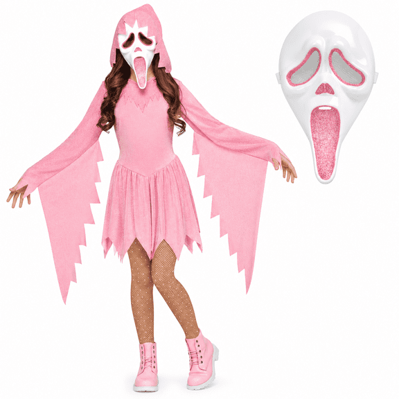 Gir'ls Pink Glitter Ghost Face Halloween Costume, Hooded Cosplay Suits with Mask, for Halloween Celebration Ball Role-Play Stage Performance