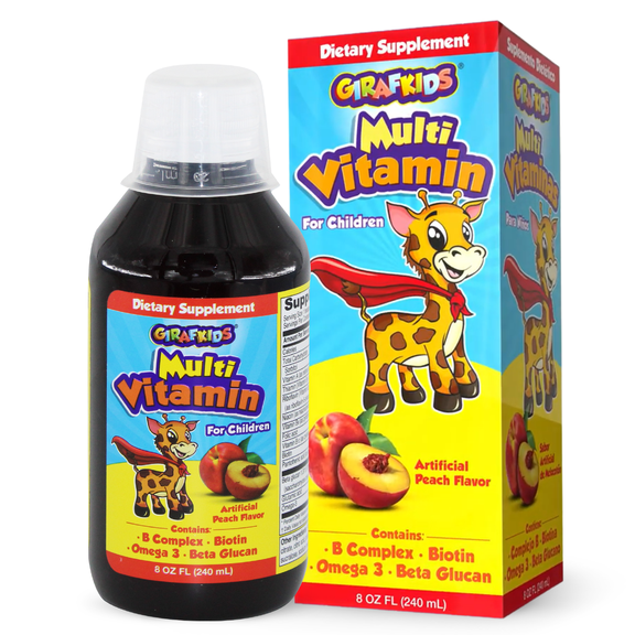 GirafKids Liquid Multivitamin for Kids, Orange Flavor, 8 Fl Oz - Daily Multivitamin Supplement for Kids Ages 4 and Up with Omega-3, Beta Glucan, Biotin & B Vitamins
