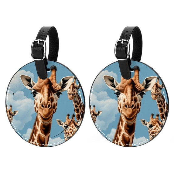 Giraffe 2pcs PU Leather Round Bag Tags Suitcase Handbag Tags with Privacy Cover and Name ID Tag for Travel Luggage, Handbags, Backpacks, School Bags