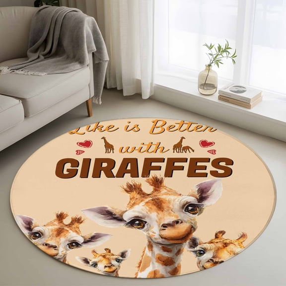 Giraffe 3ft Area Rug, Red Love Heart Farmhouse Animals Washable Non-Slip Small Round Rugs for Entryway Bedroom Kitchen, Soft Circle Carpet for Dining Room, Playroom Nursery Rug