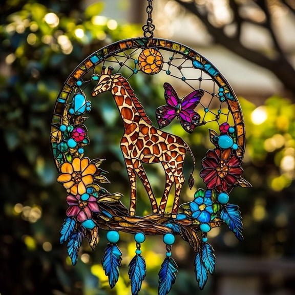 Giraffe Acrylic Suncatcher - Stained Dreamcatcher Window Hanging - Boho Animal Lover Home Decor - Unique Gift For Her