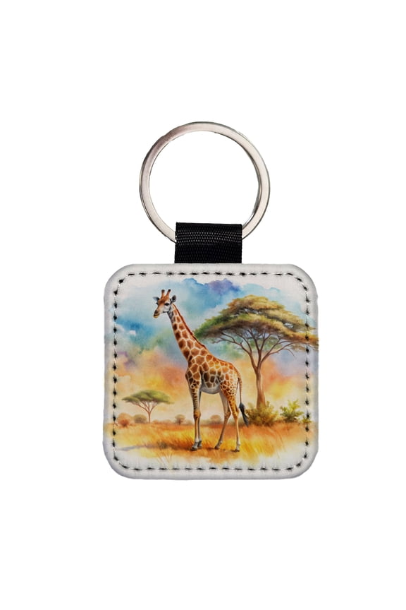 Giraffe African Plain Watercolor Design Faux Leather Square Keychain