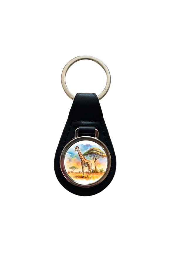 Giraffe African Plain Watercolor Design Metal Black Leather Keychain