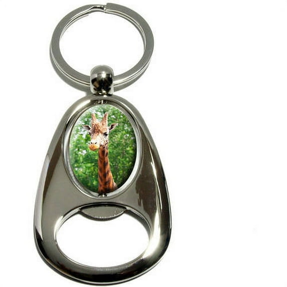 Giraffe, African Zoo Animal, Chrome Plated Metal Spinning Oval Design Bottle Opener Keychain Key Ring