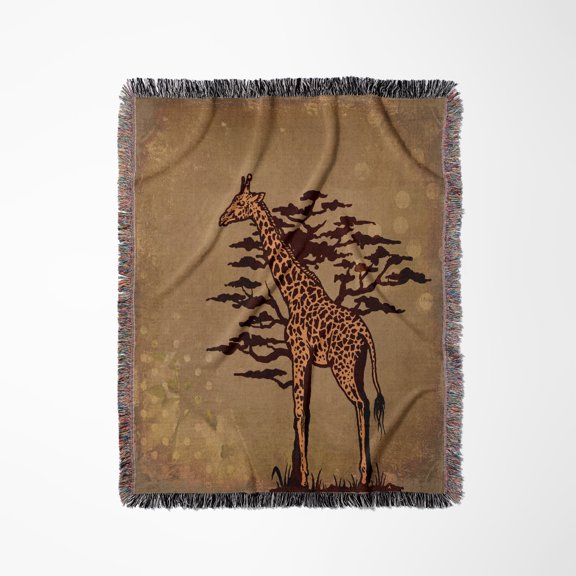Giraffe And African Tree Illustration, Woven Blanket